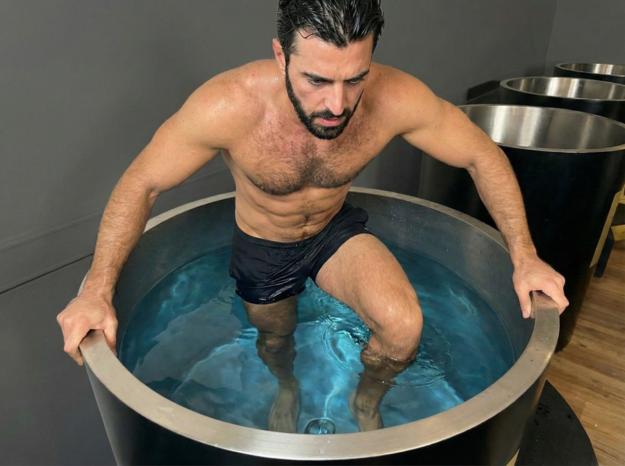Homme qui entre dans un Frozen Barrel en inox dans un centre de récupération