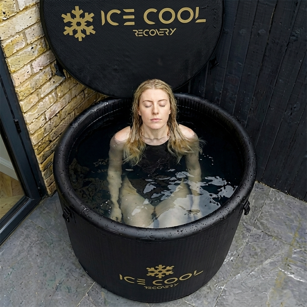 Femme les yeux fermés dans le bain froid ice Barrel, vue du dessus
